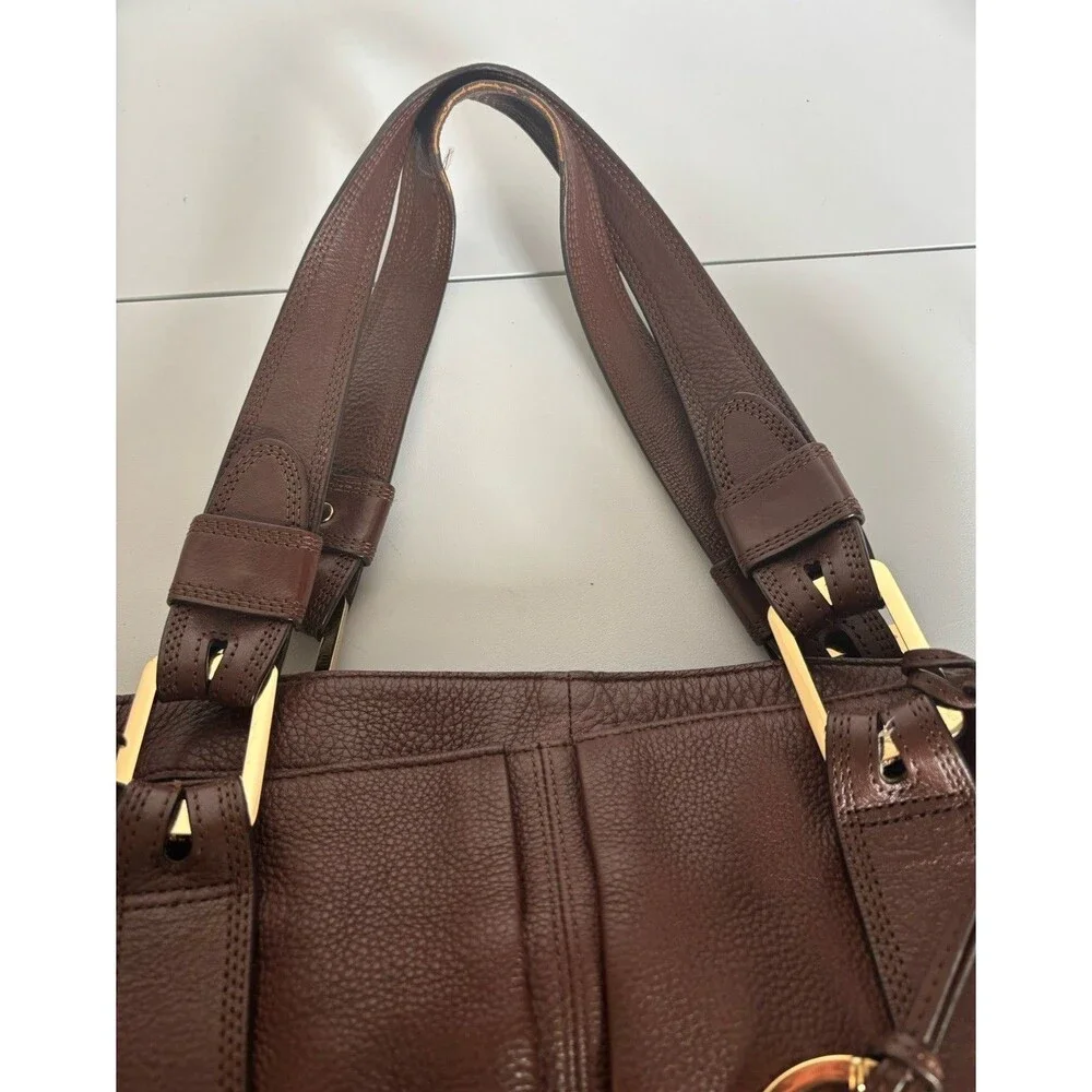 Michael Kors Harness Grab Bag Dark Brown Mocha Pebble Leather Purse Handbag